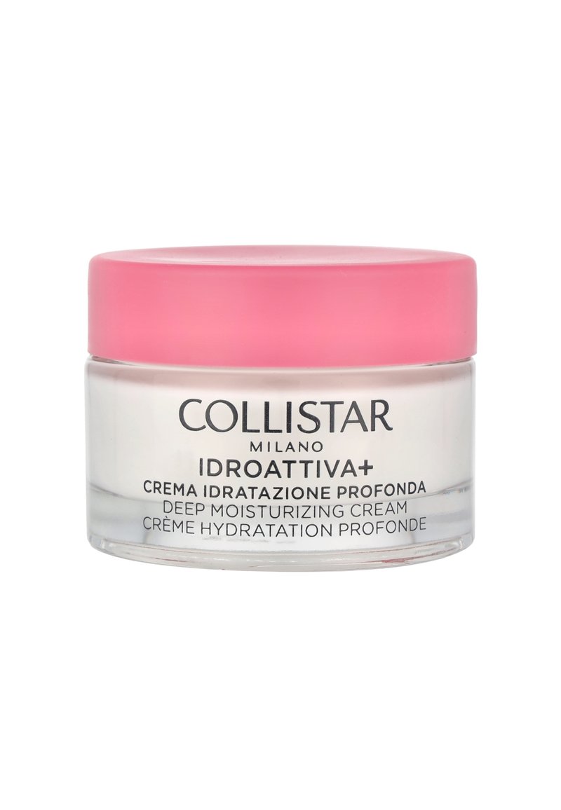 Collistar deep moisturizing cream in a clear glass jar with a pink lid. Labels in black and white on the jar's side. Creamy texture visible inside.