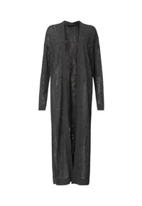 Lång, öppen cardigan i mörkgrått. Tillverkad av lätt stickad tyg med en något genomskinlig textur. Långa ärmar och utan knäppning.