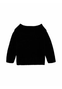 Schwarzer schulterfreier Pullover aus weich, plüschigem Stoff. Mit langen Ärmeln und einer lockeren, kastigen Passform sowie einem leicht verkürzten Saum.
