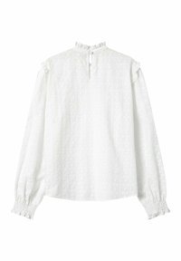 Blusa bianca a maniche lunghe con un alto colletto arricciato, motivo in tessuto testurizzato, polsini elasticizzati e chiusura a chiave sulla schiena.