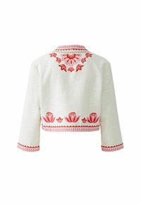 Witte cropped jack met bloemenborduurwerk in tinten van rood en roze. Beschikt over een textuurstof, een kraag en decoratieve bies langs de randen.