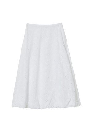 Weißer knöchellanger Rock aus strukturiertem Stoff mit floralen Lochmustern, ausgestattet mit einem enganliegenden Bund und einer schwingenden Silhouette.