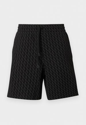 Schwarze Shorts mittlerer Länge mit elastischem Bund und Kordelzug, versehen mit einem durchgehenden dunkelgrauen abstrakten geometrischen Muster.