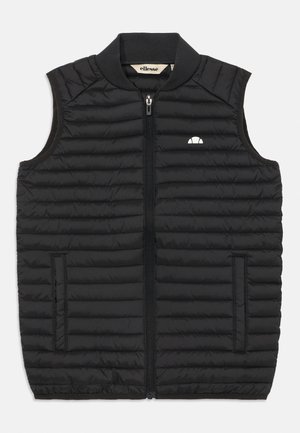 Gilet imbottito nero con colletto a costine, cuciture orizzontali, chiusura frontale con zip e dettagli con logo sul lato sinistro del petto. Presenta tasche laterali.