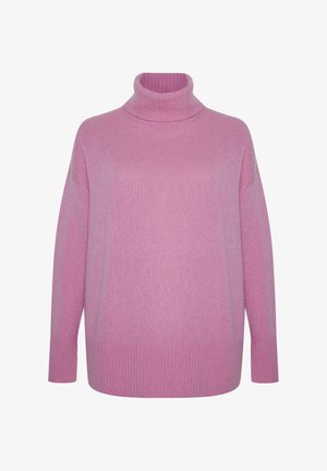 Rosa langer Strickpullover mit Rollkragen und gerippten Bündchen und Saum, vor einem weißen Hintergrund präsentiert.