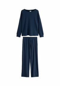 Set de loungewear din tricot cu ridge de culoare bleumarin, format dintr-un top cu mâneci lungi și decolteu larg, și pantaloni cu talie elastică și buzunare laterale.
