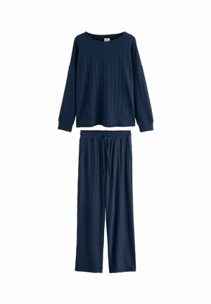 Navy-blaues Rippstrick-Loungewear-Set mit einem langärmeligen Oberteil mit weitem Ausschnitt und elastischen Hosen mit Seitentaschen.