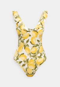 Ολόσωμο μαγιό με εκτύπωση λεμονιών και πράσινα φύλλα, ραμμένα βολάν στα λουράκια και μικρή λεπτομέρεια με δέσιμο μπροστά.