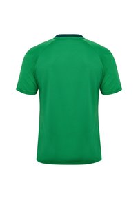 Grön sportt-shirt med rund halsringning, korta raglanärmar och slät textur. Enkel design utan synliga mönster eller accenter.