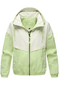 Veste vert clair et crème avec une fermeture éclair à l'avant, capuche ajustable, poignets élastiques et deux poches latérales, avec un logo sur la manche.