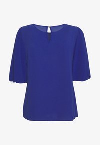 Blå kortärmad blus med rundad halsringning och nyckelhål på baksidan. Tillverkad av lätt tyg, med en avslappnad passform och utställda ärmar.