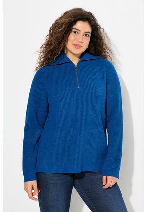 Maglione blu con zip, dal design a maglia texturizzata, maniche lunghe e colletto alto. Abbinato a jeans blu scuro.