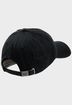 Black baseball cap with a curved visor, made of soft fabric. Features an adjustable strap and a silver metal accent at the back.