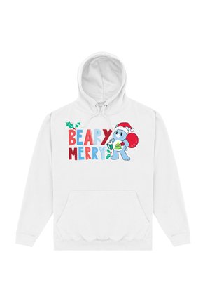 Biała bluza z kapturem z graficznym wzorem z napisem "BEARY MERRY" i rysunkowym niedźwiedziem w czapce Mikołaja, trzymającym torbę świąteczną.