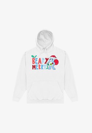 Biała bluza z kapturem z graficznym wzorem z napisem "BEARY MERRY" i rysunkowym niedźwiedziem w czapce Mikołaja, trzymającym torbę świąteczną.