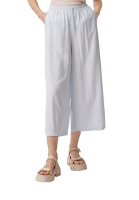 Pantaloni azzurri chiari, ampi e realizzati in un tessuto morbido, con vita elastica e tasche. Abbinati a sandali beige chunky.