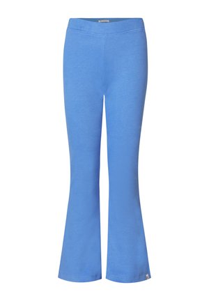 Blaue, ausgestellte Baumwollhosen mit einem elastischen Bund, die eine glatte Textur und ein schlichtes Design aufweisen. Keine sichtbaren Muster oder Akzente.