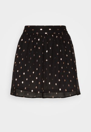 Black skirt made of lightweight fabric featuring metallic rose gold dot patterns. Elastic waistband with a gathered look and sheer hem.