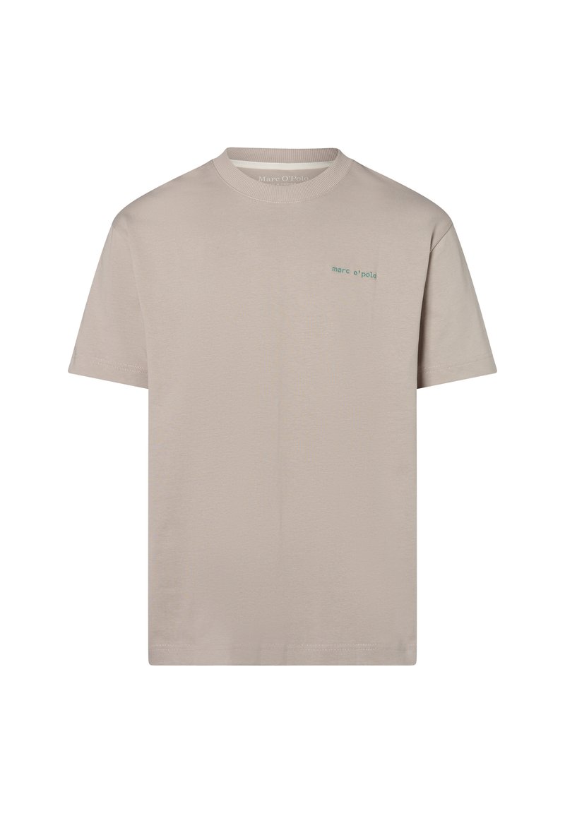 Beige Baumwoll-T-Shirt mit kurzen Ärmeln, Rundhalsausschnitt und einem kleinen grünen Logo auf der linken Seite. Glatte Textur, klassischer Schnitt.