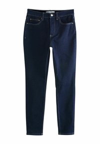 Lieknos džinsai tamsiai mėlynos spalvos su subtiliu išblukimu. Yra standartinės kišenės, auksinės siūlės ir sagčių uždarymas juosmens vietoje.