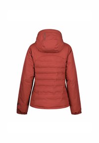 Rode gewatteerde jas met een capuchon, met een doorgestikt ontwerp, elastische manchetten en een getailleerde pasvorm. Glad textuur en duurzaam materiaal.