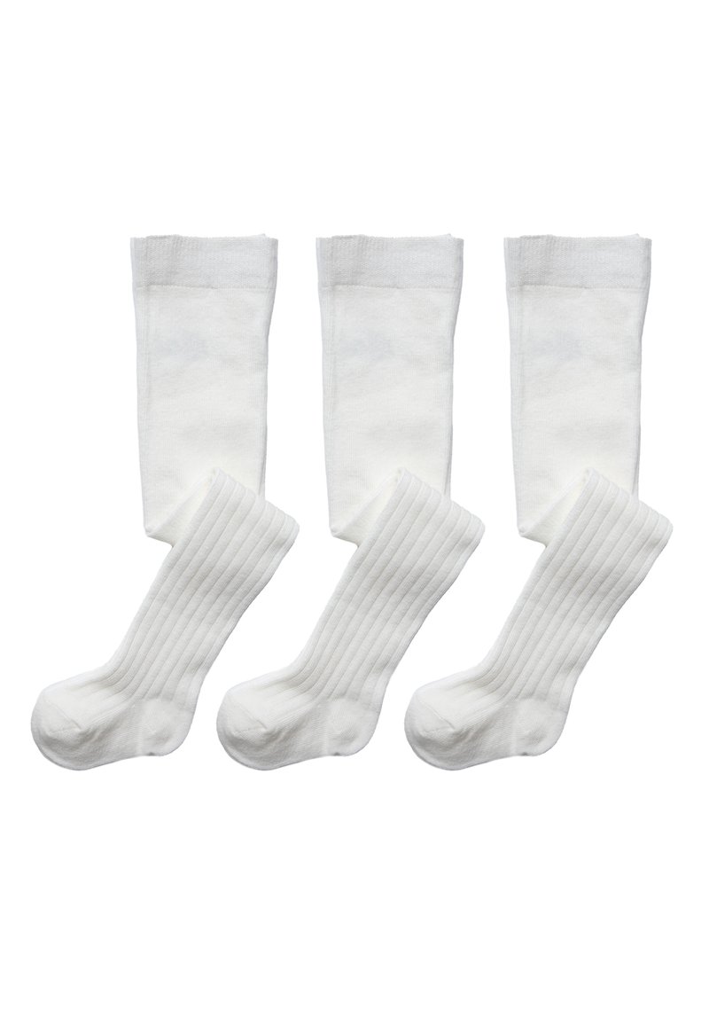 Four white socks: two are knee-high with a smooth texture, and two are crew-length with a ribbed pattern. All are made of soft fabric.