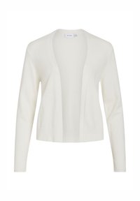 Vit stickad cardigan med V-krage, öppen framsida, lång ärm och ribbad fåll. Mjuk textur utan dekorationer.