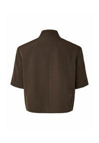 Veste marron foncé à manches courtes avec col montant vue de dos sur un fond blanc.