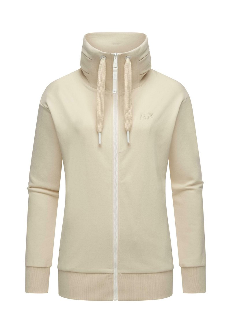 Beige zip-up hoodie with a high collar, long sleeves, and textured drawstrings. Features a subtle logo on the chest. Soft fabric.