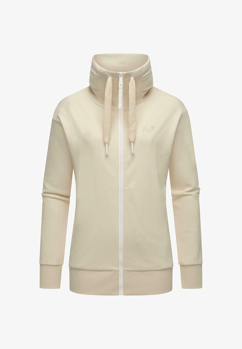 Beige zip-hoodie med hög krage, långa ärmar och texturerade dragsnören. Har en diskret logotyp på bröstet. Mjuk tyg.