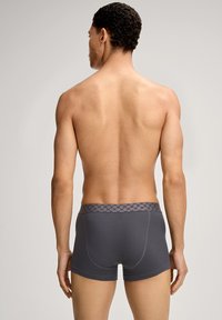 Harmaat bokserishortsit, joissa on kuvioitu vyötärönauha, valmistettu pehmeästä kankaasta, istuva malli ja keskitason vyötärö, näkyvissä takaa.