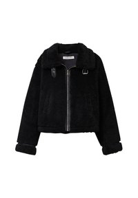Schwarze, kurze Jacke aus weichem, strukturiertem Stoff mit einem fellartigen Finish. Verfügt über einen Reißverschluss vorne, einen breiten Kragen und Leder-Schnallenakzente.