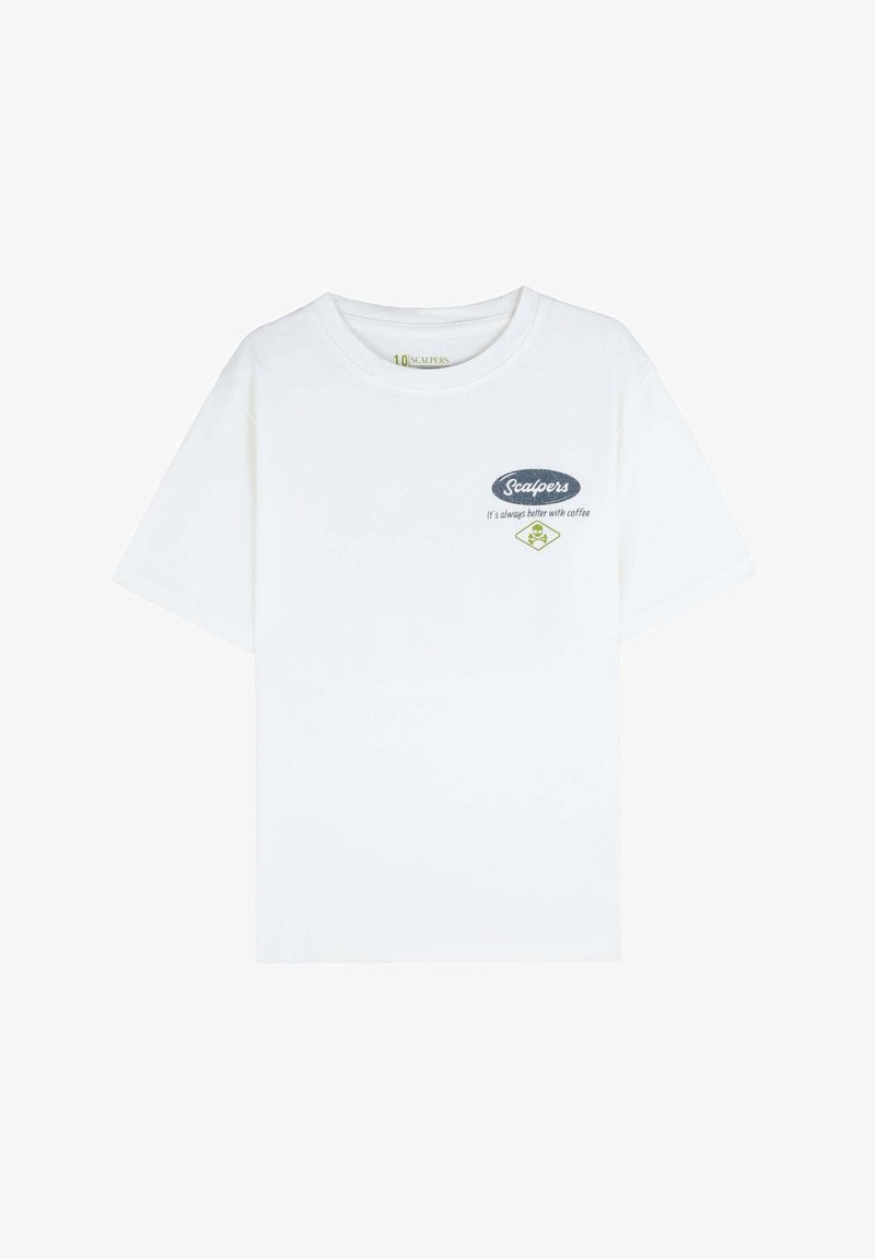 Biała bawełniana koszulka z okrągłym dekoltem, krótkimi rękawami i nadrukowanym logo z tekstem, przedstawiająca motyw kawy.