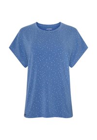 Niebieska koszulka z krótkim rękawem, z okrągłym dekoltem, wykonaną z miękkiego materiału, z wzorem małych białych i różowych kropek na przodzie.