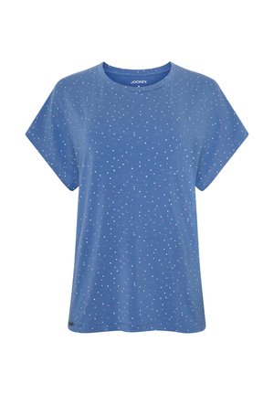 Niebieska koszulka z krótkim rękawem, z okrągłym dekoltem, wykonaną z miękkiego materiału, z wzorem małych białych i różowych kropek na przodzie.