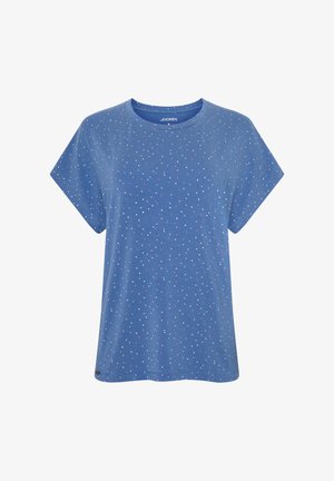 T-shirt blu a maniche corte con collo rotondo, tessuto morbido e un motivo di piccoli punti bianchi e rosa davanti.