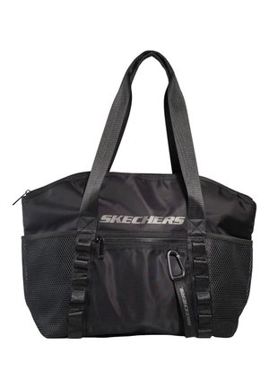 Zwarte Skechers tote bag met dubbele bovenhandvatten, voorvak met ritssluiting, zijnetvakjes en een gebrande karabijnsleutelhanger.