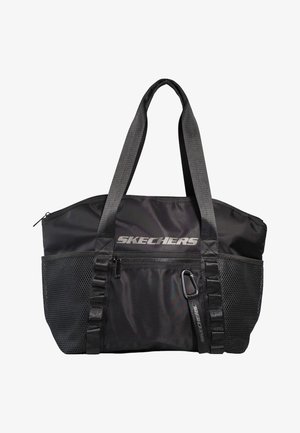 Sac fourre-tout noir Skechers avec doubles poignées supérieures, poche avant zippée, poches latérales en mesh et mousqueton porte-clés à la marque.