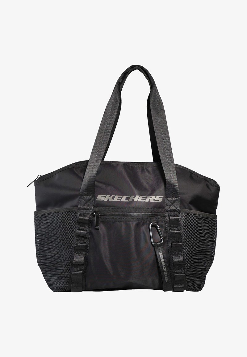 Sac fourre-tout noir Skechers avec doubles poignées supérieures, poche avant zippée, poches latérales en mesh et mousqueton porte-clés à la marque.
