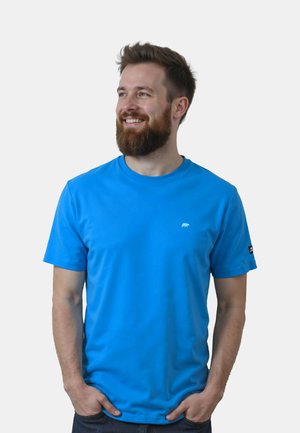 Blauwe T-shirt met korte mouwen van gladde stof, voorzien van een klein berenlogo op de borst en een merkaccent op de mouw.