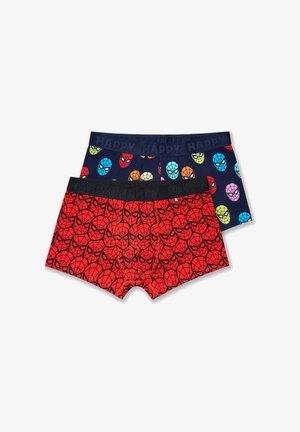 Two pairs of children's boxer briefs: one red with black spider web patterns, the other navy with colorful Spiderman face designs.