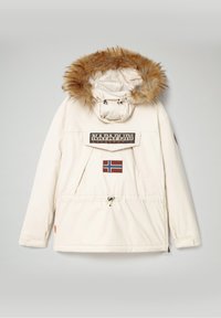 Hvid parka-jakke med hætte foret med faux pels, logo-patch, frontlomme og justerbar snøre i kanten.
