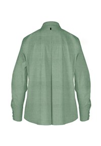 Camicia a maniche lunghe in tessuto verde chiaro con una finitura testurizzata, con colletto classico e polsini abbottonati, mostrata da dietro.