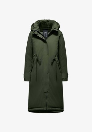 Olive green long coat with a hood, drawstring waist, snap buttons, and elastic cuffs. Made of smooth, water-repellent fabric.