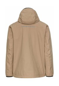 Beige waterdichte jas met een capuchon, lange mouwen en elastische manchetten. Voorzien van een reflecterende strook op de bovenrug.