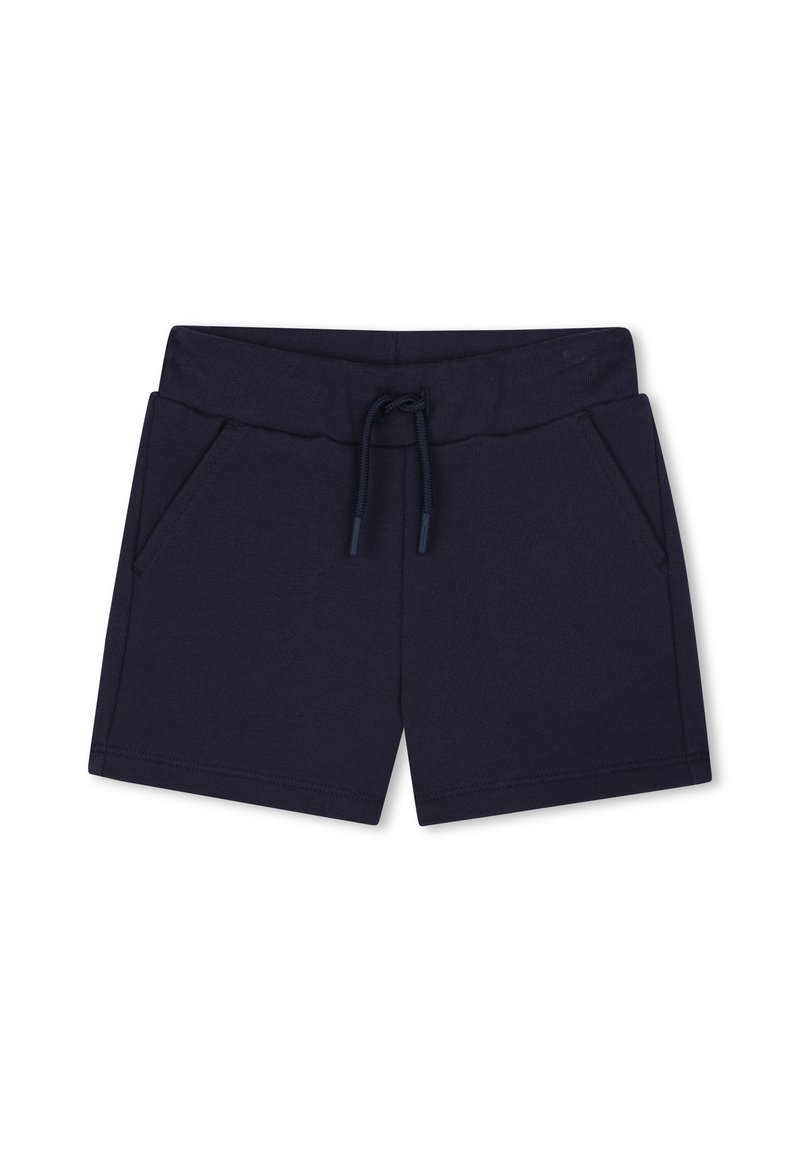 Shorts bleu marine en tissu doux, dotés d'une taille à cordon, de deux poches avant et d'une coupe droite avec des ourlets cousus.