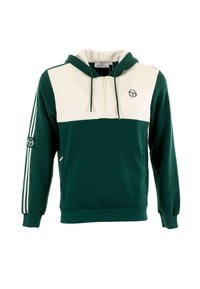 Sudadera verde y crema con media cremallera, capucha con cordón y logo. Presenta rayas blancas en las mangas y un bolsillo tipo canguro. Tejido suave.