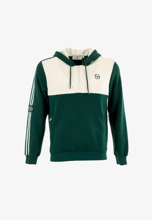 Groene en crèmekleurige hoodie met een halve rits, trekkoordkap en logo. Heeft witte strepen op de mouwen en een kangoeroe-pocket. Zachte stof.