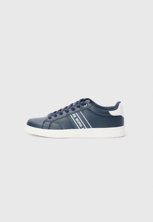 Navy blue low-top sneaker with white sole and heel tab, navy laces, and "BORG" text on side stripes.