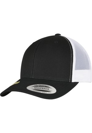 Must värviga snapback müts, millel on kõver visor, valgetest võrkpaneelidest tagakülg ja ümmargune kleebis, mis sisaldab brändi detaile esiküljel.